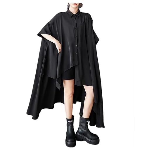 ellazhu Women's Shirts Lapel Button Down Batwing Short Sleeve Solid High Low Hem Maxi Loose Casual GZ419 Black