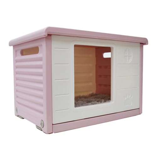 ペットハウス 屋外 外猫ハウス キャットハウス 雨よけ ドッグハウス 屋外 野外猫ハウス 毛布付き 耐重 通気性 犬小屋 小型犬 猫 屋外 防風 防雨 換気 組立簡単 丸洗い (ピンク, 40.5奥行き x 60.5幅 x 42高さ cm)