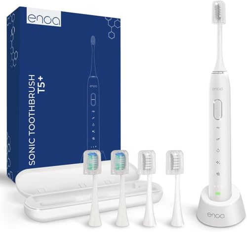 Spazzolino Elettrico ENOA con Tecnologia Sonica, Ricaricabile con USB, 3 Livelli di Intensità e 5 Programmi, Lunga Durata Batteria 30 Giorni, IPX7, 5 Testine, Custodia da Viaggio