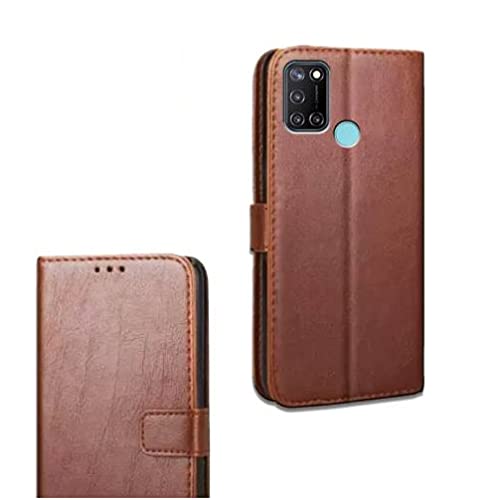 Image of Inside Rubber TPU with Card Pockets Magnetic Closure Protection Compatible with Realme C17, RMX2101 (Brown)