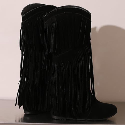 DINTAHA Flat Fringe Cowboy Boots Faux Suede Cowgirl Boots Knee High Boots Flat Tassel Western Boots4