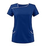 LuckyLucy 2022 Neu Damen Pflege Kasack Kurzarm Schlupfkasack V-Ausschnitt T-Shirt Tops Schlupfhemd Berufsbekleidung Nurse Kosmetikerin Arbeitsuniform Hospital Pflegeheim Berufskleidung, B-marine, L