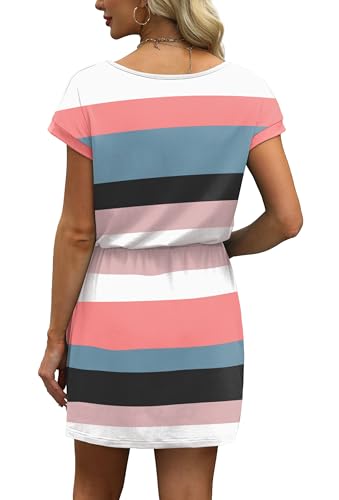 Image of OFEEFAN Summer Dresses for Women 2026 V Neck T Shirt Casual Mini Dresses Tie Waist Sundresses with Pockets