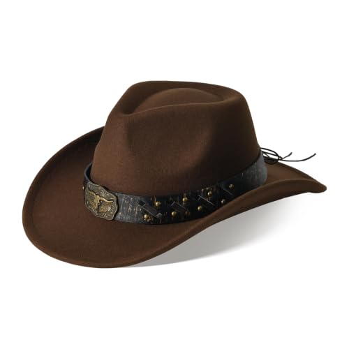 Image of Classic Western Cowboy Hat Cowgirl Hat Unisex Men's & Women's Wide Brim Felt Fedora Hat Flat Top with Buckle Belt
