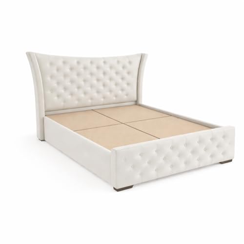 Image of Pearl Upholstered King Size Bed with Box Storage for Bedroom | Elegant Wooden Double Bed with Storage | Platform Cot Palang with Tufted Headboard | 6.5 x 6 Ft | Sheesham Wood | White
