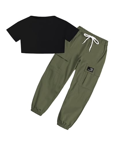 Image of SANGTREE Girls Fall Winter Clothing Sets, Girls Long Sleeve Crop Top and Cargo Jogger Pants Outfit Set,4T-14 Years