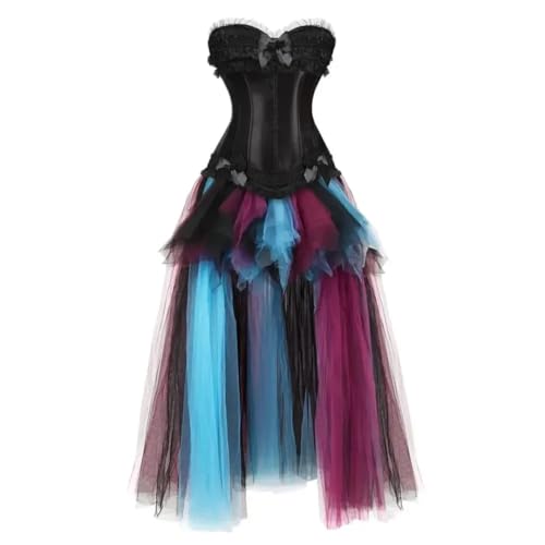 Corsé para mujer, falda gótica con ribete de encaje, corsés vintage de satén con cremallera, disfraces de fiesta de Halloween, Negro, L