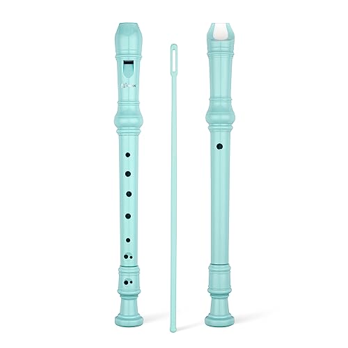 SWAN Soprano Recorder Instrument for Beginners Kids Student - German Fingering 8 Hole Flute Detachable 3pcs ABS Descant Recorders with Cleaning Rod and Fingering Chart, SW8K, Baby Blue