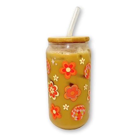 DYNEC Drinking Glass Cup with Lid and Glass Straw, 16 oz, Designed (Vintage) Cover