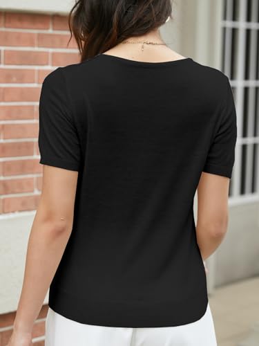 Image of SANGTREE Women's Short Sleeve Sweaters V Neck Casual Knit Pullover Tops | Perfect as a lightweight sweater for spring /summer or as a layering piece. Ideal for office, daily, holiday, home etc