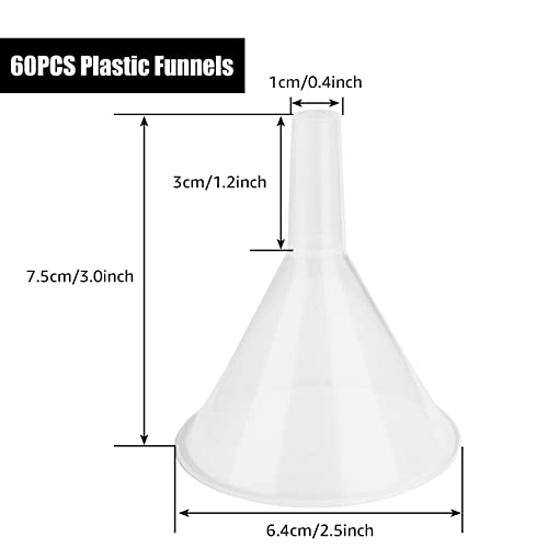 60 Piece Small Clear Funnels Set - 2.5\" Wide, Bulk Plastic Funnels for Bottles, Lab, Oil & More - Thumbnail 2