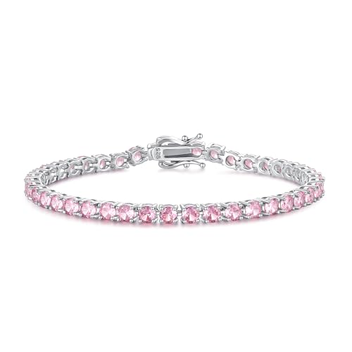FANCIME October Birthstone Bracelet Sterling Silver Created Pink Tourmaline Tennis Bracelet CZ Wedding Bridal Prom Birthstone Fine Jewelry For Women Her, Length 7.2 Inch Width 4mm