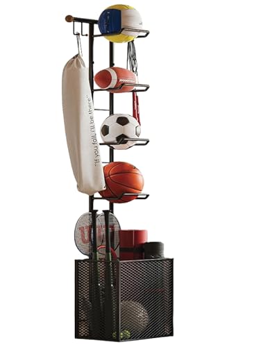 ARHAT ORGANIZERS Portable 4-Tier Sports Ball Rack & Storage Stand with Basket | Freestanding Sports Equipment Organizer | For Basketball, Football, Volleyball, Bats & More | Garage Organizer Stand