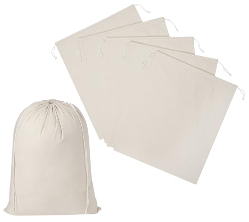 100 Percent Cotton Drawstring Bags, Reusable Quality with Double String, For Storage Pantry Wardrobe Shoes - Pack of 6 (Natural Beige, 14 x 17 Inch)