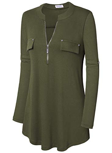 Image of Bulotus 3 /4 Length Sleeve Womens Striped Tops Zipper V Neck Collared Blouses Business Casual Tunics 2026 Spring Trendy