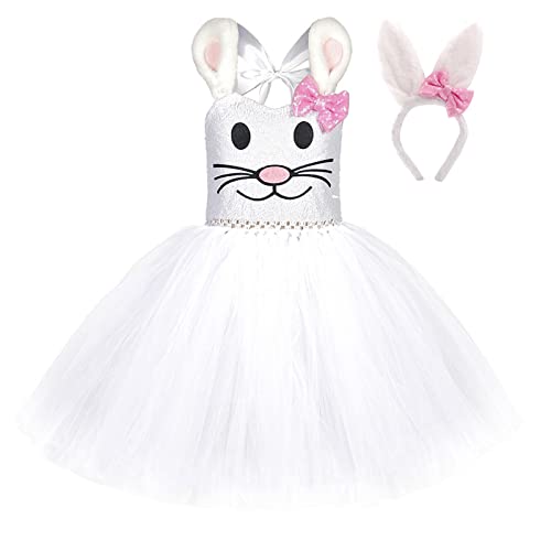 Toddler Girl Easter Outfits Cute Princess Dresses Ruffle Sleeveless Baby Bunny Dress Princess Tutu Dresses Headband White