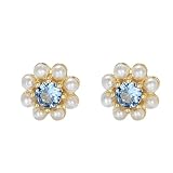 Pendientes de tuerca para mujer de moda, oro de 9 quilates, 14 quilates, 18 quilates, platino con perlas de flores y topacio, Metal, Topacio Perla