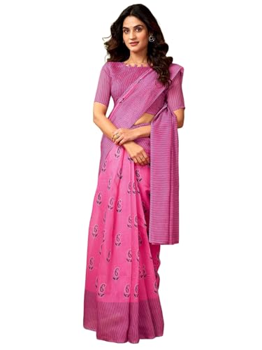 Image of Satrani Women's Chanderi Cotton Printed Ready To Wear One Minute Pre Pleated Readymade Saree with Unstitched Blouse Piece