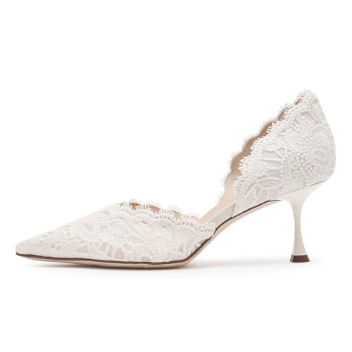 FOWT Women Pointed Toe D'Orsay Pumps Slip on Kitten Mid Heels Elegant Lace Wedding Prom Evening Shoes Size 4-16 US 5