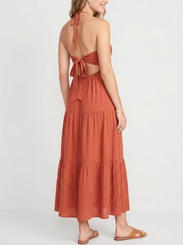 Image of Women's Casual Halter Tiered Vacation Maxi Dress with Pockets