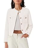Women's Cropped Tweed Blazer Jackets Long Sleeve Business Button Down Casual Outfits with Pockets White