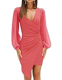 ZESICA Women's Wrap V Neck Bodycon Mini Dress Puff Long Sleeve Ruched Asymmetrical Hem Cocktail Party Short Dresses,Coral,Small