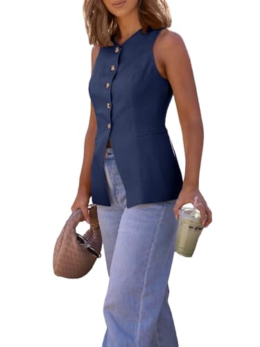 Mina Self 2025 Womens Summer Sleeveless Blazer Vest Lightweight Button Down V-Neck Casual Fashion Work Jacket Pockets3