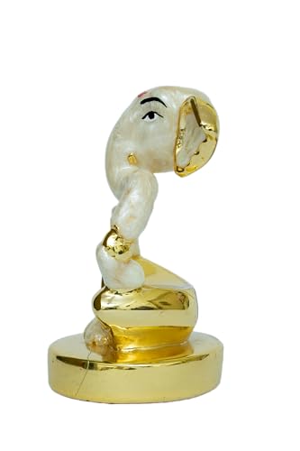 Image of Pearl White Divine Ganesha | Lambodara Ganpati Idol for Car Dashboard, Office Desk & Home Temple| Lambodara Murti for Prosperity & Blessings |Gold Plated Statue| Height 1.9 Inch