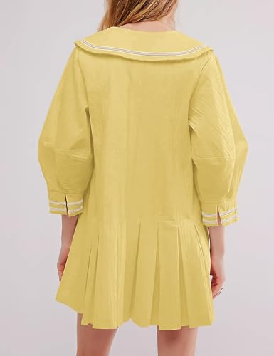 Image of Women Cute Bow Tie Up Open Front Mini Dress Lapel Contrast Binding 3 /4 Sleeve Mini Dress Pleated A line Dresses Yellow