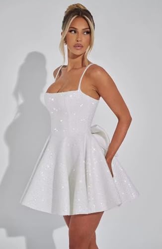 Sparkly Sequin Homecoming Dresses for Teens Spaghetti Strap Short Prom Cocktail Dress wtih Bow4