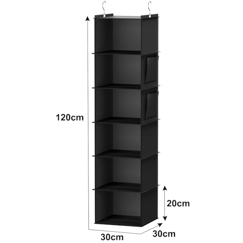 YOUDENOVA-Hanging-Closet-Organizer-and-Storage-6-Shelf-Black-Breathable-Fabric-2-Side-Pockets-Clothes-Organizer-Hanging-Shelves-Closet-Storage-College-Dorm-Room-Essentials-for-Guys