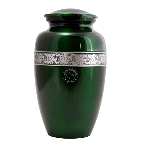 Image of Silver Engraved Aluminium Cremation Urn for Human Ashes Adult - Handcrafted Funeral Memorial Ash Storage Urn - Bag Included (Green, Keepsake - 70 Cubic Inches)