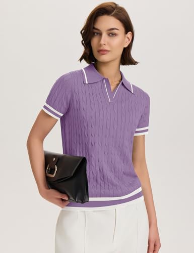 Image of Micoson Womens Short Sleeve Sweater Tops Lapel V Neck Polo Shirts 2026 Summer Cable Knit Loose Blouse Business Casual Outfits