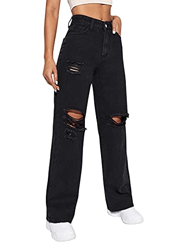SweatyRocks Women's High Waist Slant Pocket Denim Jeans Ripped Straight Leg Pants Plain Black L3