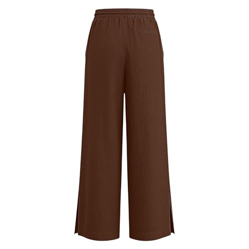 Image of Girls Linen Pants Wide Leg School Uniform Pants Cozy Elastic Waist Summer Casual Beach Lounge Trousers with Pockets