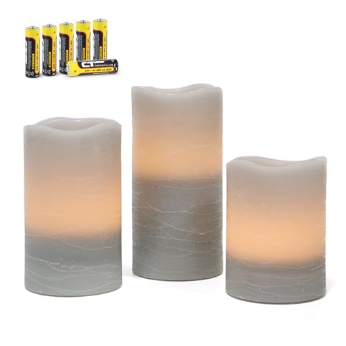 Image of Rhytsing Grey Battery Operated Flameless Led Candles with Timer Function, Warm White Light, Real Wax Finish, 6 Batteries Included - Set of 3