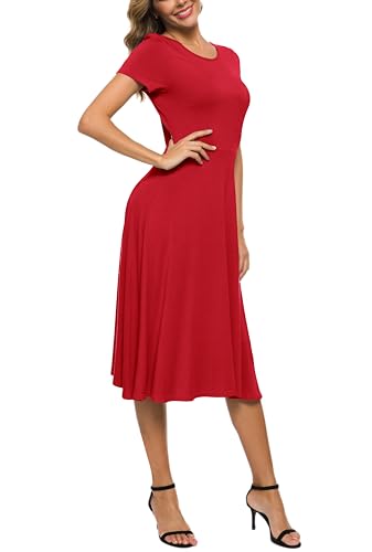 Image of EXCHIC Women's Casual Round Neck Short Sleeve Midi Dress Solid Stretchy Waist Knee Long Dress