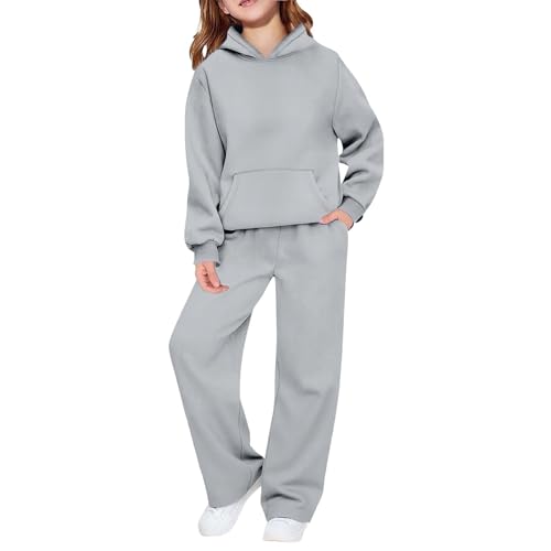 Survêtement 2 pièces Preppy pour garçons et filles - Pull athlétique à capuche - Jambes larges - Automne et hiver, gris, 13-14 ans