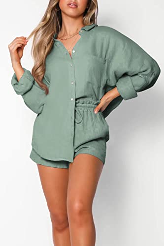 Image of Trendy Queen Two Piece Sets For Women Summer Short Sets | Matching Two Piece Pajama, Lounge Wear, Linen Set, Button-down Top with Matching Shorts, Perfect for Beach, Resort Wear