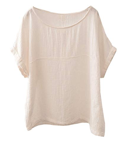 Soojun Women s Cotton Linen Round Collar Boxy Top Patchwork Blouses Beige, Medium