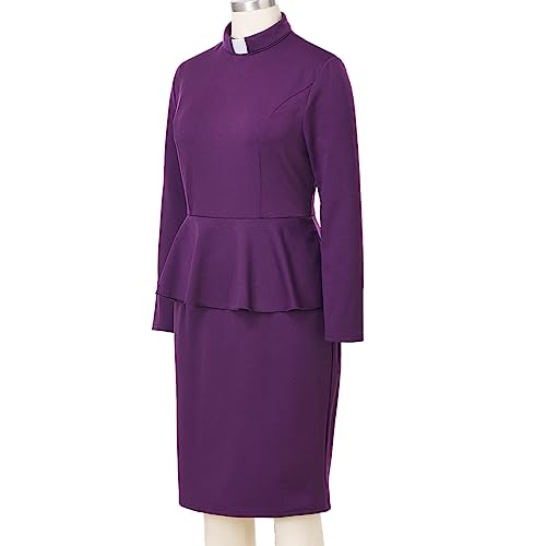 Image of FAD-4U Church Clergy Dress for Women Minister Long Sleeve Ruffle Slim Pencil Dress with Tab Insert Stand Collar