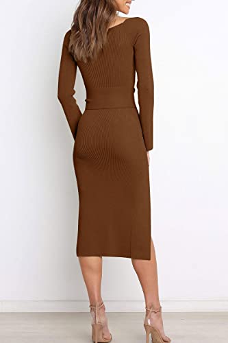LILLUSORY Women's Sweetheart Neckline Midi Dress Long Sleeve Ribbed Knit Sweater Outfits with Slit and Belt 2024 Spring4