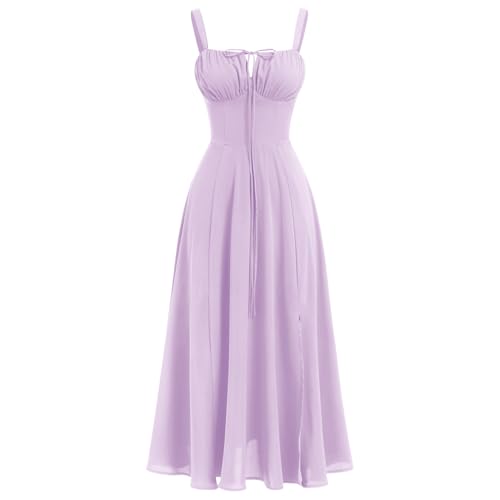 ABEHIK Corset Dress for Women 2026 Summer Floral Boho Flowy Slit Bustier Lace Up Midi Dresses Going Out A Line Casual Sundress Adjustable Spaghetti Straps Bodycon Light Purple S