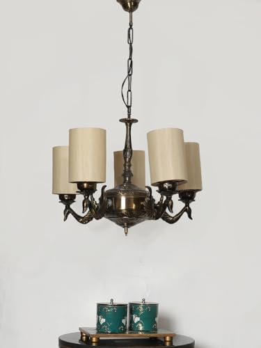 Image of Devansh 05-Light Conical Off-White Cotton Shade Chandelier - Antique Golden Finish | Adjustable Cord | Warm Glow Lamp - Ceiling Light for Living Room, Dining Area, Bedroom & Entryway Decor - D2