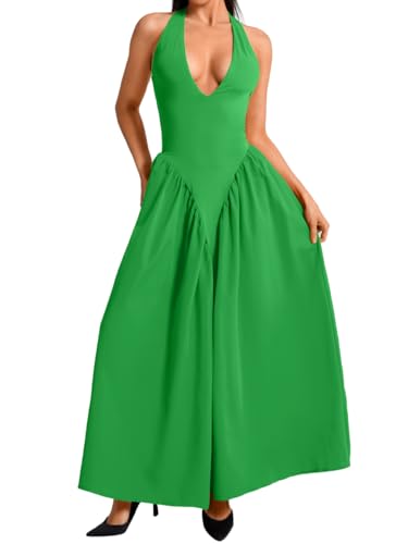 Image of ChiaoLezhee Deep V Neck Dress, Halter Maxi Dresses, Vacation Date Night, Sexy for Women Corset Flowy Wedding Guest Drop Waist