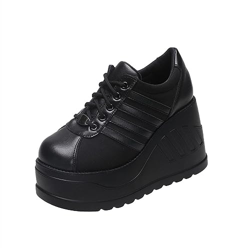 TOSOFT Black White Sneakers for Women Fashion Round Toe Lace-Up Platform Slope Heels Wedge Sports Walking Shoes (Color : Black, Size : 37)