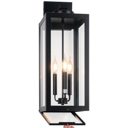 Image of 24 inch Extra Large Outdoor Wall Lights Closed Bottom 3-Light Modern Coach Lamp | Waterproof Outdoor Wall Lanterns with Sealed Bottom, Black Exterior Lighting Fixtures with Clear Glass for House, E12, 1-Pack