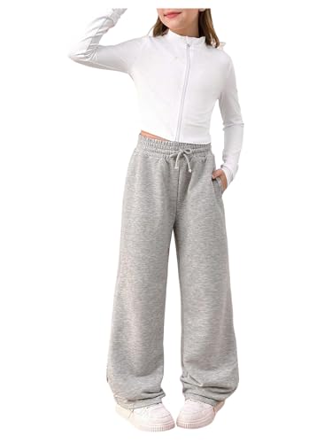 OYOANGLE Girl's Sweatsuit Set 2 Piece Long Sleeve Zip Up Jacket and Straight Leg Sweatpants Tracksuits White Grey 11Y