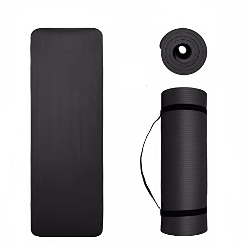 YOGA MAT GYM MAT 10MM 15MM THICK FITNESS PILATES WORKOUT GYMNASTICS FREE STRAP (15mm Thickness, Black)