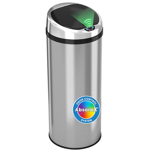 Image of iTouchless 13 Gallon Touchless Sensor Kitchen Trash Can with Odor Control System, Brushed Stainless Steel, Round Garbage Bin for Home or Office - IT13RCB